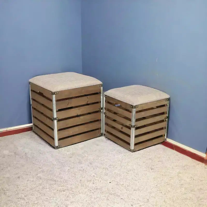 HomeRoots Ensemble de 2 Bancs de Rangement Carrés en Tissu de Lin Marron et Lattes de Bois