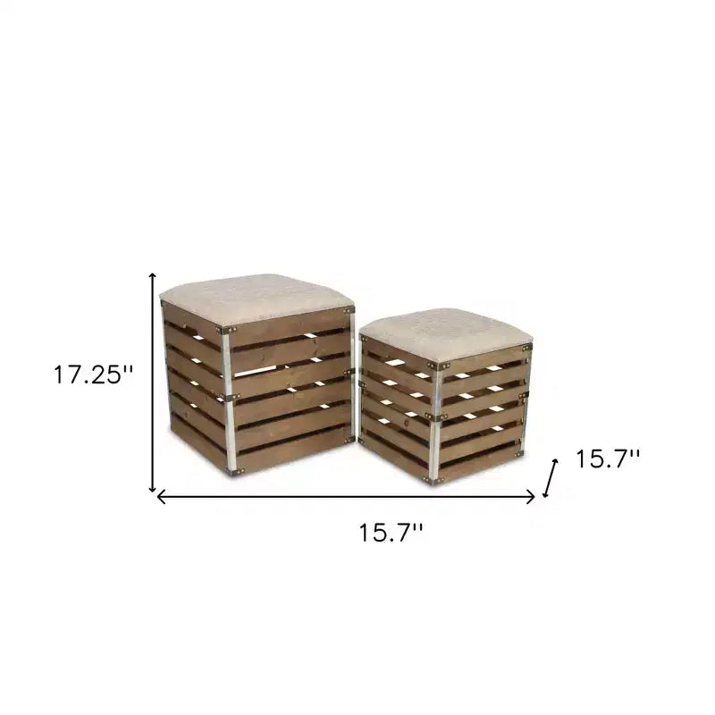HomeRoots Ensemble de 2 Bancs de Rangement Carrés en Tissu de Lin Marron et Lattes de Bois
