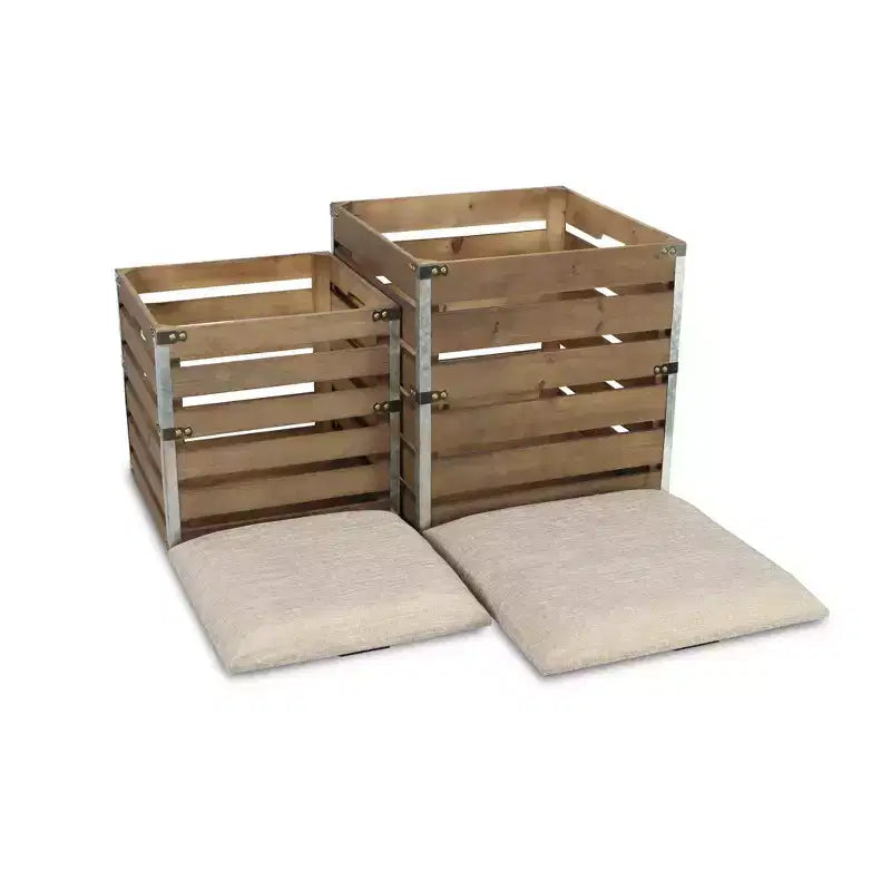 HomeRoots Ensemble de 2 Bancs de Rangement Carrés en Tissu de Lin Marron et Lattes de Bois