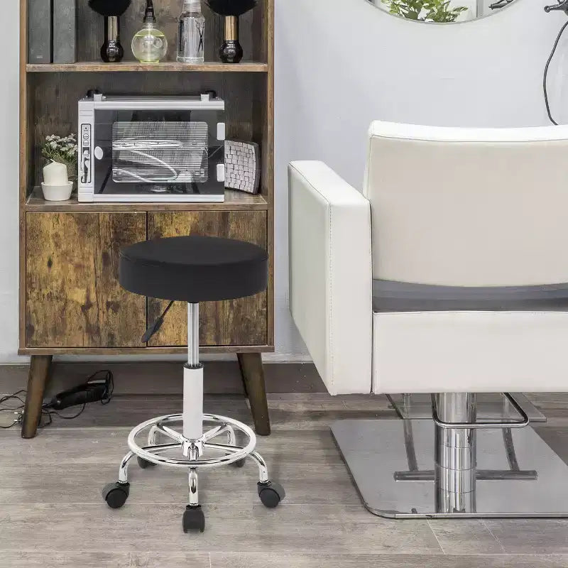 Tabouret roulant rond BestMassage, tabouret de salon avec repose-pieds, coussin en cuir PU, noir