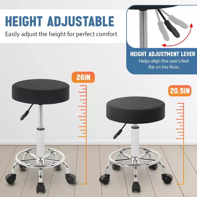 Tabouret roulant rond BestMassage, tabouret de salon avec repose-pieds, coussin en cuir PU, noir