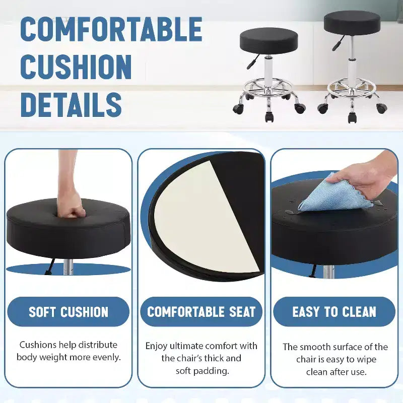 Tabouret roulant rond BestMassage, tabouret de salon avec repose-pieds, coussin en cuir PU, noir