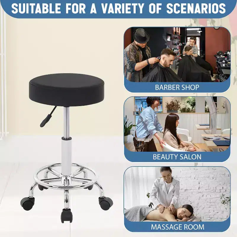 Tabouret roulant rond BestMassage, tabouret de salon avec repose-pieds, coussin en cuir PU, noir