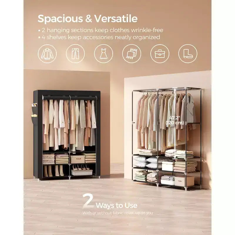 Penderie portable avec étagère à chaussures et housse, organisateur de rangement, étagères et 4 poches latérales, 127 x 45 x 176 cm