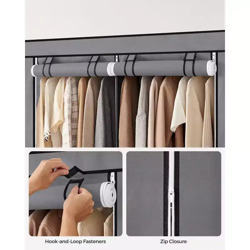 Penderie portable avec étagère à chaussures et housse, organisateur de rangement, étagères et 4 poches latérales, 127 x 45 x 176 cm