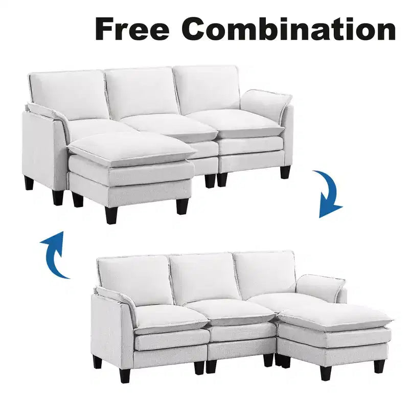 HYLEORY Canapé d'angle moderne en lin flanelle de 192 cm de large avec pouf pour salon