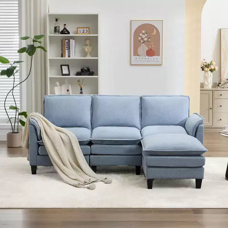 HYLEORY Canapé d'angle moderne en lin flanelle de 192 cm de large avec pouf pour salon