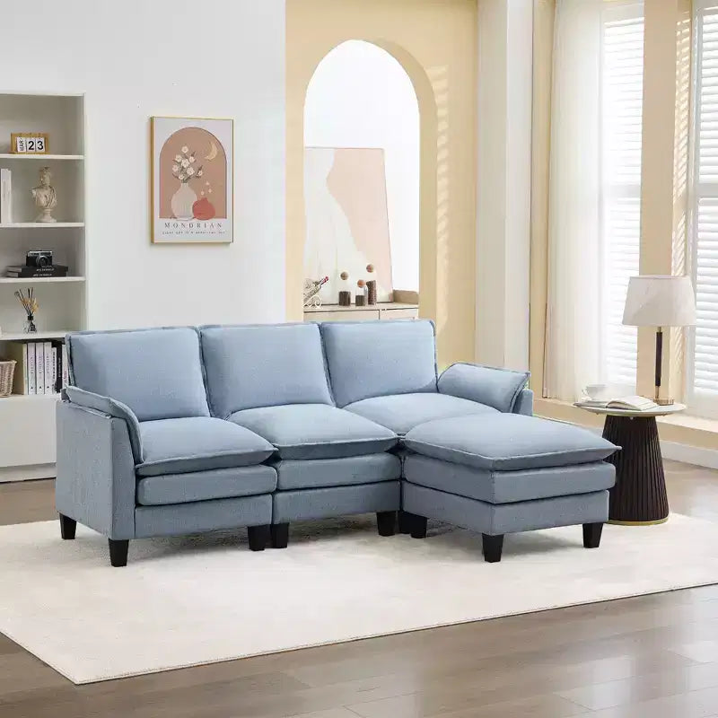 HYLEORY Canapé d'angle moderne en lin flanelle de 192 cm de large avec pouf pour salon