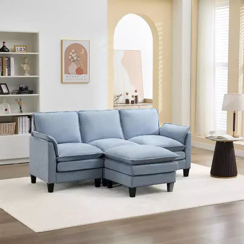 HYLEORY Canapé d'angle moderne en lin flanelle de 192 cm de large avec pouf pour salon