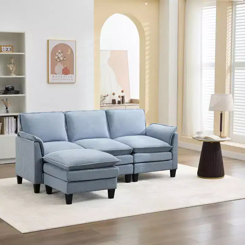 HYLEORY Canapé d'angle moderne en lin flanelle de 192 cm de large avec pouf pour salon