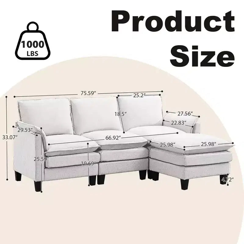 HYLEORY Canapé d'angle moderne en lin flanelle de 192 cm de large avec pouf pour salon