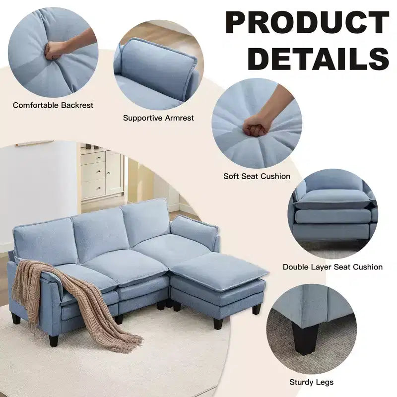 HYLEORY Canapé d'angle moderne en lin flanelle de 192 cm de large avec pouf pour salon