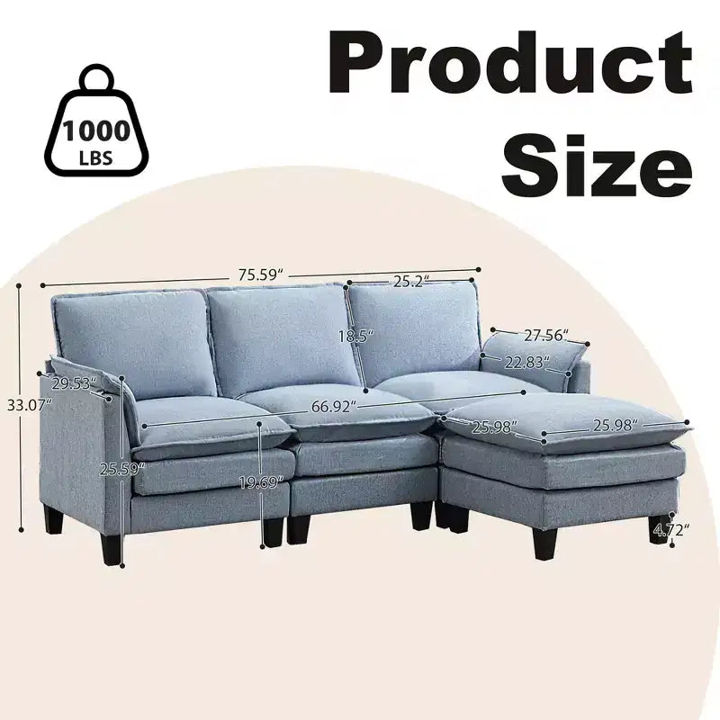 HYLEORY Canapé d'angle moderne en lin flanelle de 192 cm de large avec pouf pour salon