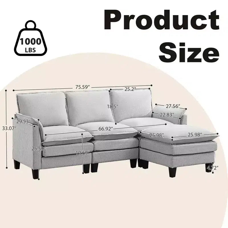 HYLEORY Canapé d'angle moderne en lin flanelle de 192 cm de large avec pouf pour salon