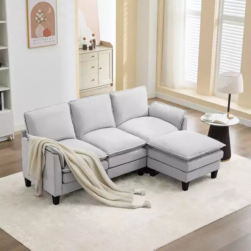 HYLEORY Canapé d'angle moderne en lin flanelle de 192 cm de large avec pouf pour salon