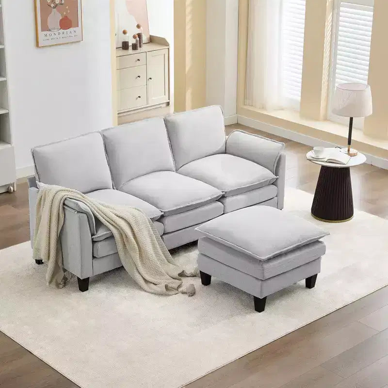 HYLEORY Canapé d'angle moderne en lin flanelle de 192 cm de large avec pouf pour salon
