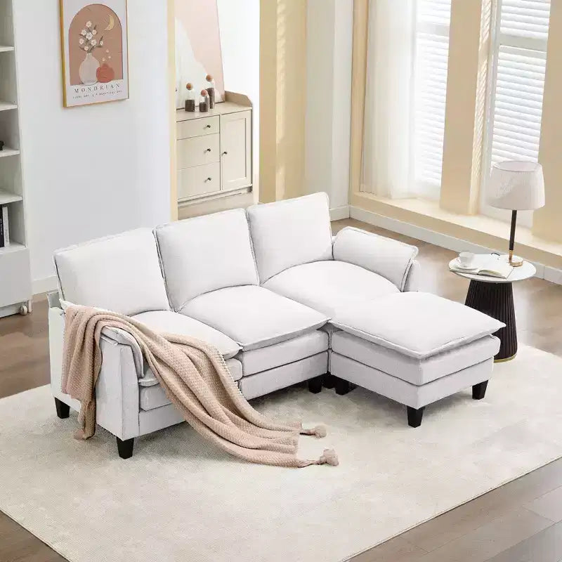 HYLEORY Canapé d'angle moderne en lin flanelle de 192 cm de large avec pouf pour salon