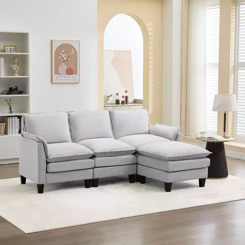 HYLEORY Canapé d'angle moderne en lin flanelle de 192 cm de large avec pouf pour salon