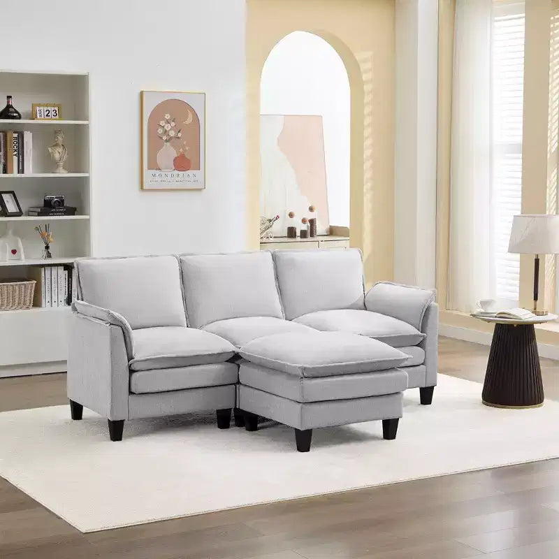 HYLEORY Canapé d'angle moderne en lin flanelle de 192 cm de large avec pouf pour salon
