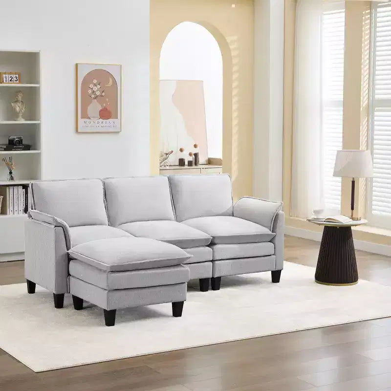 HYLEORY Canapé d'angle moderne en lin flanelle de 192 cm de large avec pouf pour salon