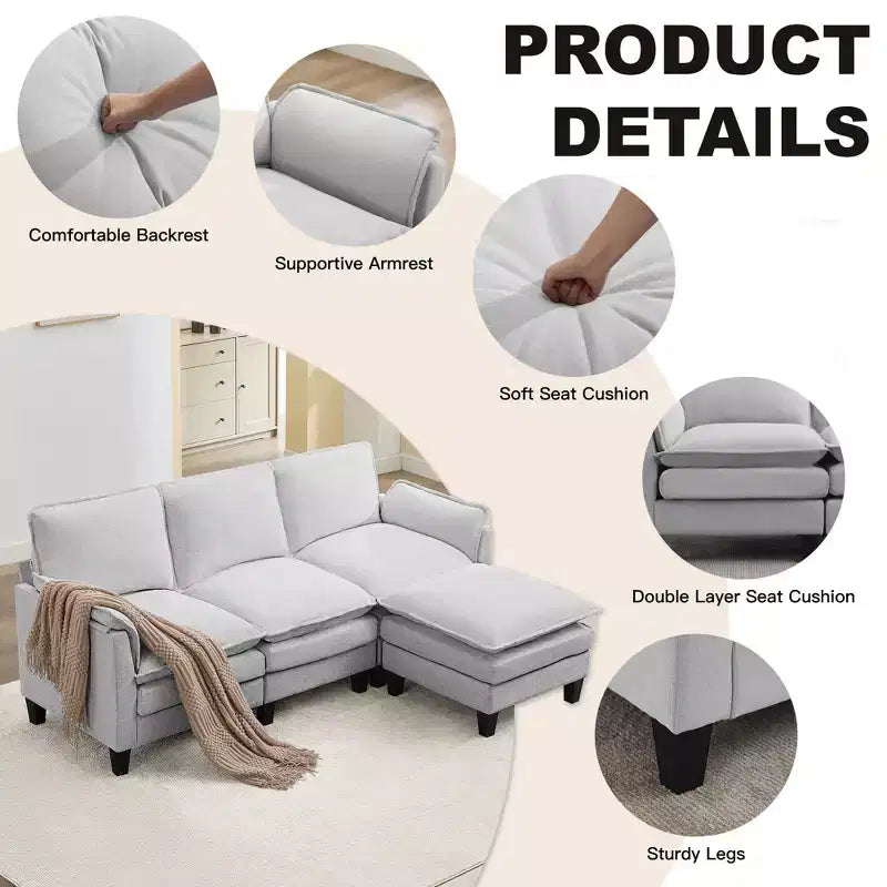 HYLEORY Canapé d'angle moderne en lin flanelle de 192 cm de large avec pouf pour salon