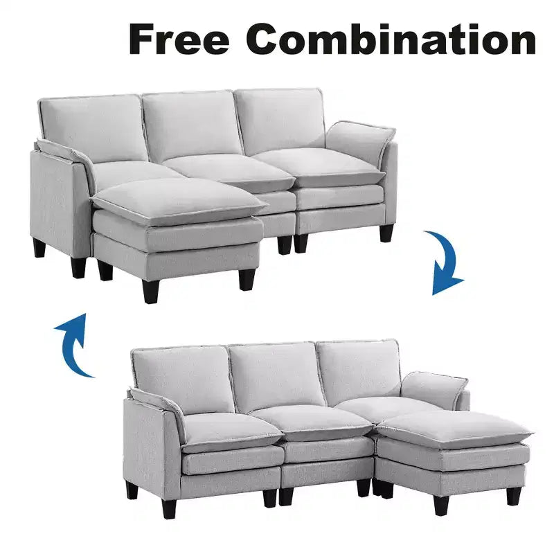 HYLEORY Canapé d'angle moderne en lin flanelle de 192 cm de large avec pouf pour salon