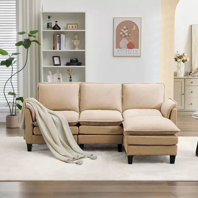 HYLEORY Canapé d'angle moderne en lin flanelle de 192 cm de large avec pouf pour salon