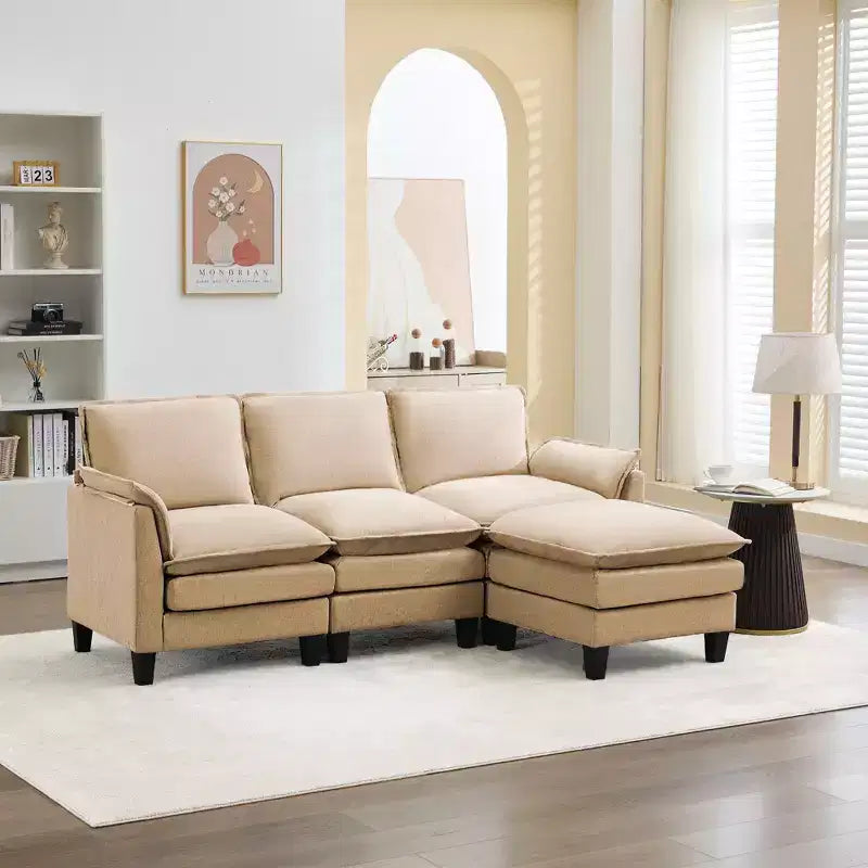 HYLEORY Canapé d'angle moderne en lin flanelle de 192 cm de large avec pouf pour salon