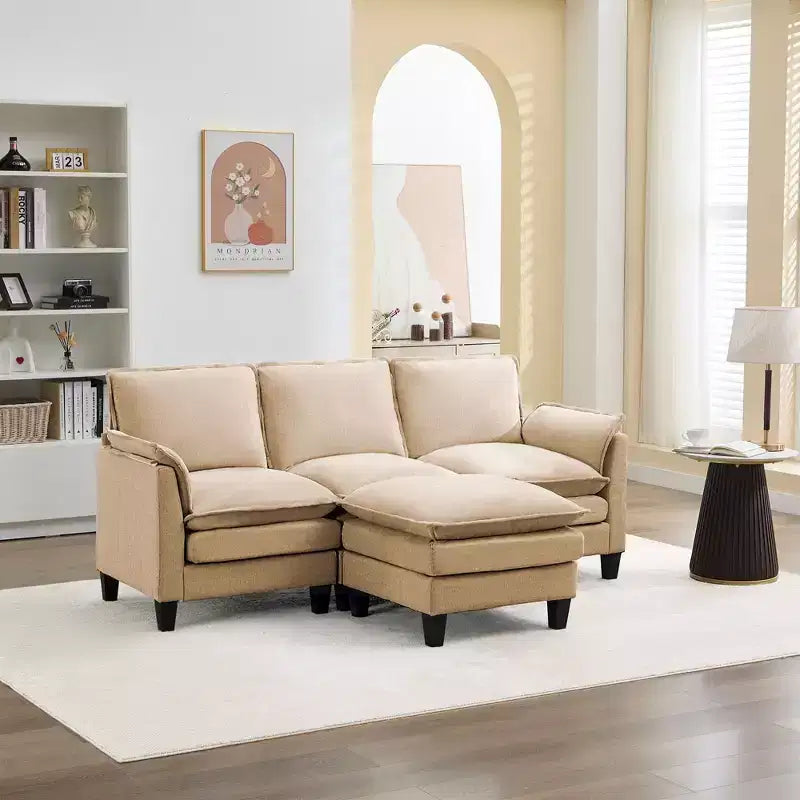 HYLEORY Canapé d'angle moderne en lin flanelle de 192 cm de large avec pouf pour salon