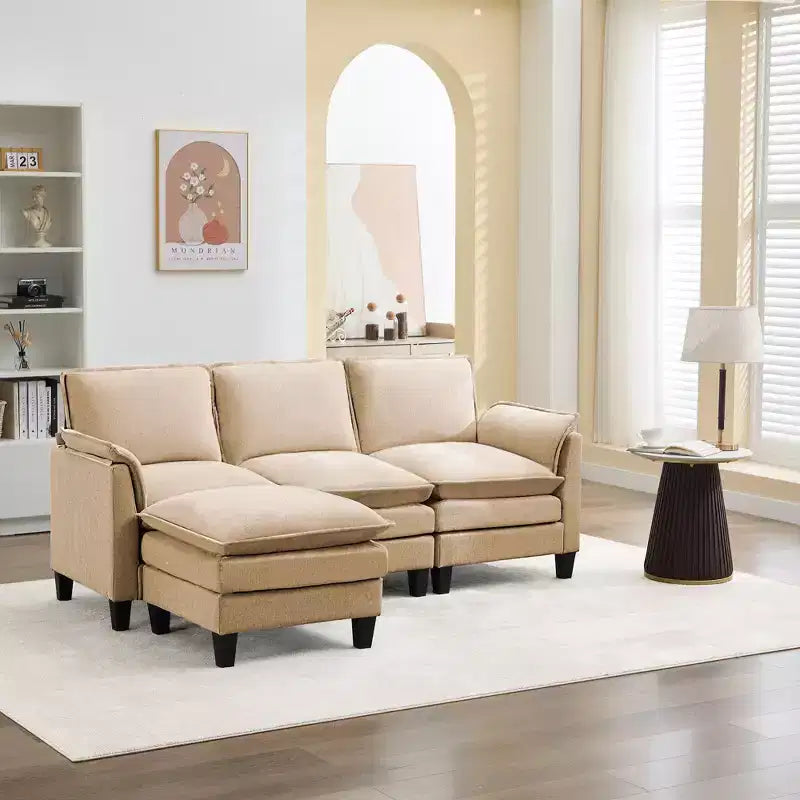 HYLEORY Canapé d'angle moderne en lin flanelle de 192 cm de large avec pouf pour salon