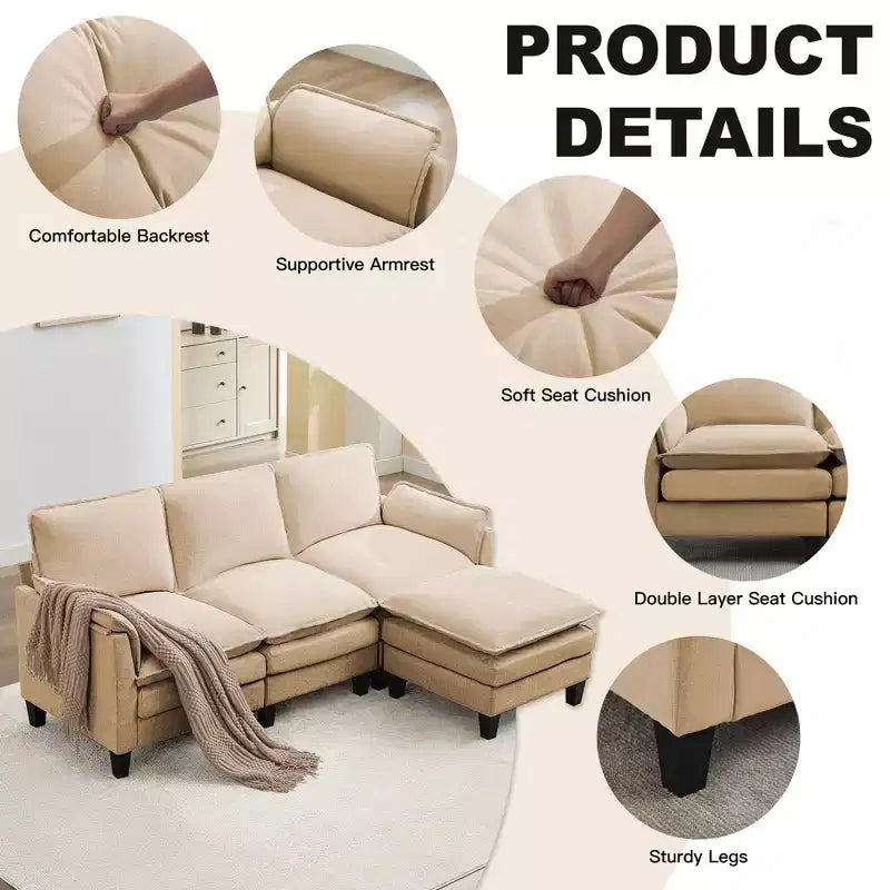 HYLEORY Canapé d'angle moderne en lin flanelle de 192 cm de large avec pouf pour salon