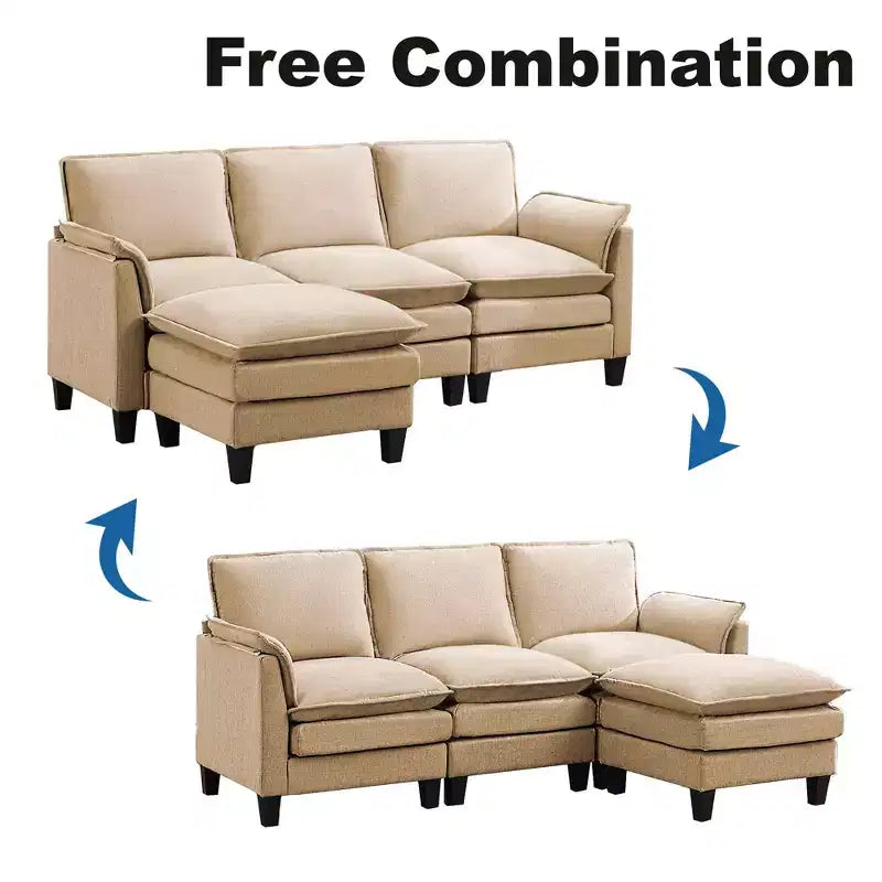 HYLEORY Canapé d'angle moderne en lin flanelle de 192 cm de large avec pouf pour salon