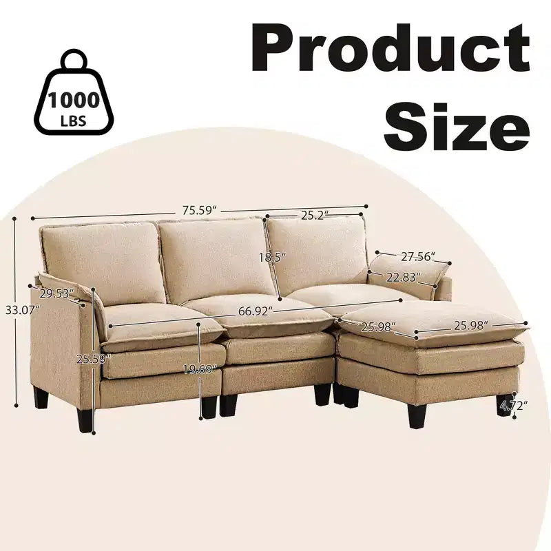 HYLEORY Canapé d'angle moderne en lin flanelle de 192 cm de large avec pouf pour salon