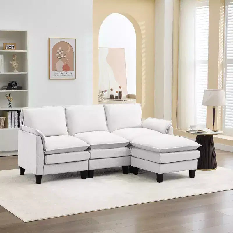 HYLEORY Canapé d'angle moderne en lin flanelle de 192 cm de large avec pouf pour salon