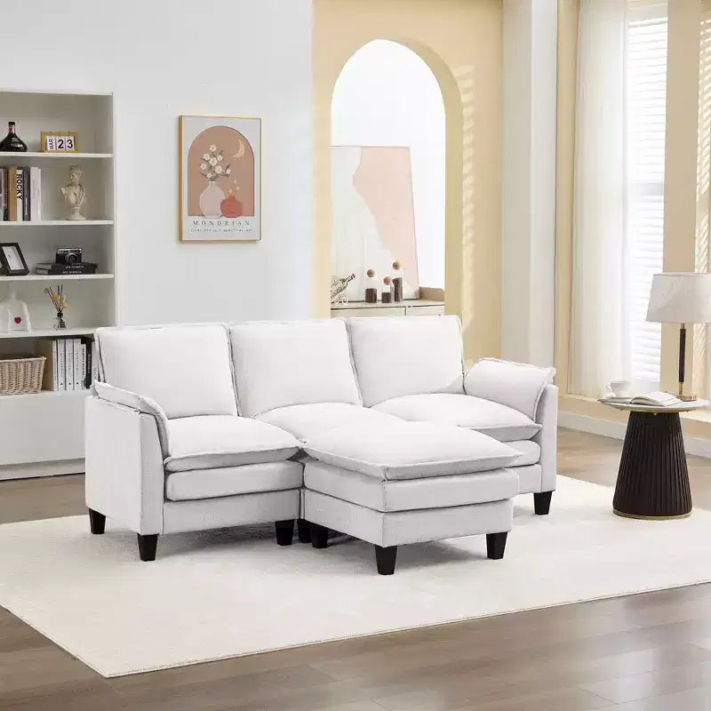 HYLEORY Canapé d'angle moderne en lin flanelle de 192 cm de large avec pouf pour salon