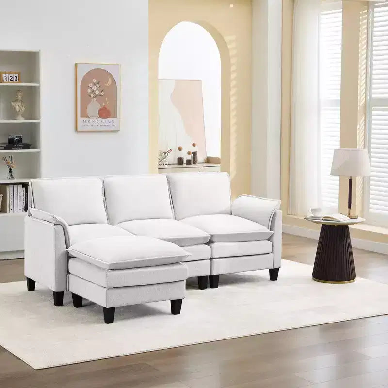 HYLEORY Canapé d'angle moderne en lin flanelle de 192 cm de large avec pouf pour salon