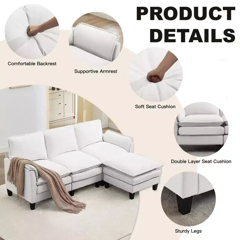 HYLEORY Canapé d'angle moderne en lin flanelle de 192 cm de large avec pouf pour salon