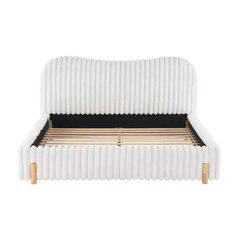 Christopher Knight Home Merrill Lit Plateforme Rembourré Bouclé avec Tête de Lit Ondulée et Surpiqûres Verticales, Blanc