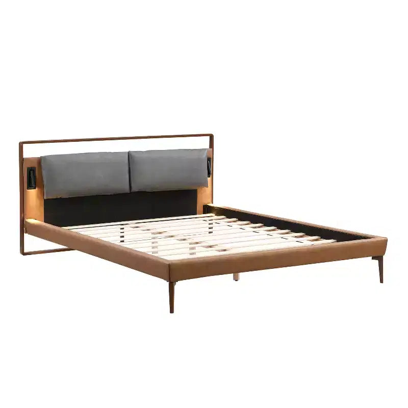 Cadre de lit plateforme en bois double/grand/très grand avec tête de lit capitonnée en PU et 2 veilleuses, marron+gris -Christopher Knight Home