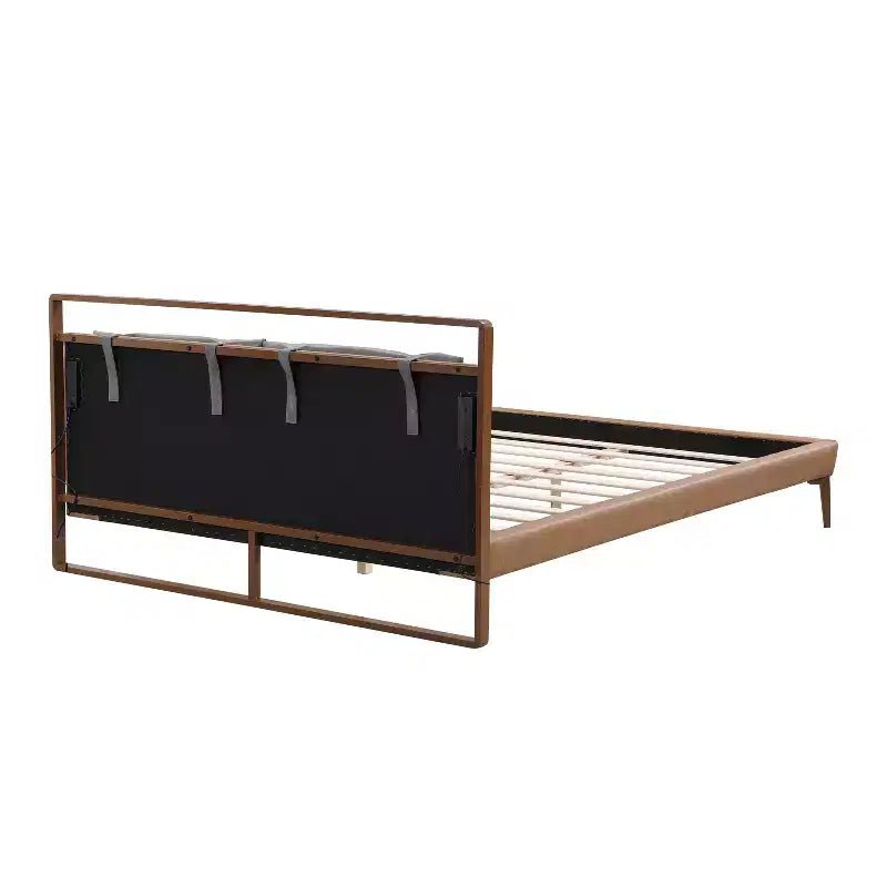Cadre de lit plateforme en bois double/grand/très grand avec tête de lit capitonnée en PU et 2 veilleuses, marron+gris -Christopher Knight Home