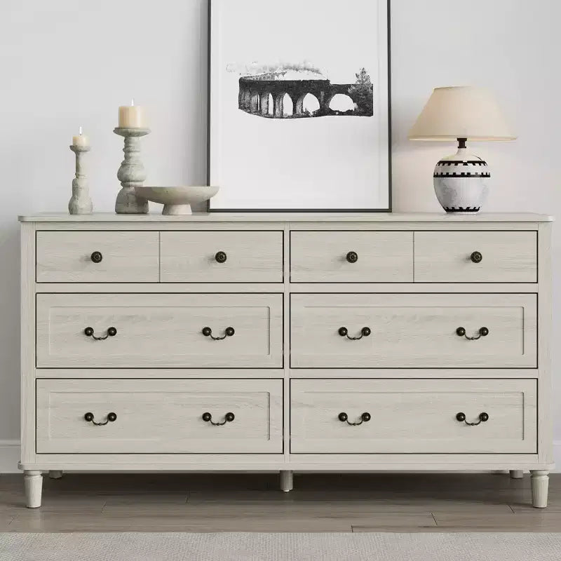 Commode Heynemo Grande à 6 Tiroirs pour Chambre à Coucher, Commode Moderne de 147 cm de Large, Meuble TV avec Poignées Métalliques, Organisateur de Tiroirs en Bois, Gris Clair