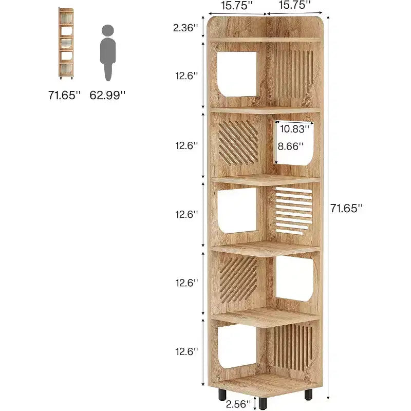 Étagère d'angle Lantine à 6 niveaux, bibliothèque haute rustique de 180 cm pour salon, chambre, bureau