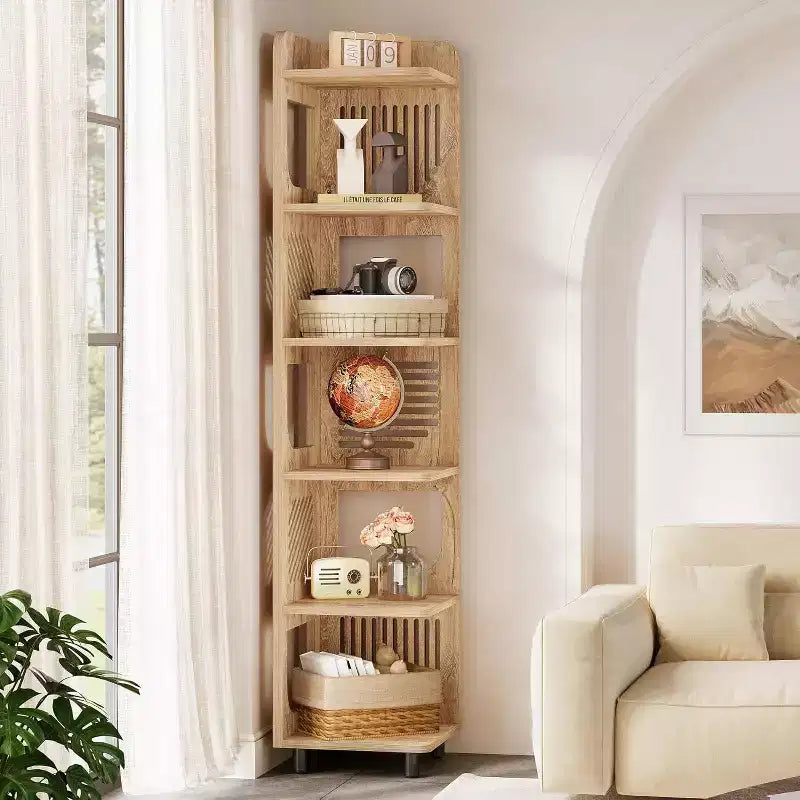 Étagère d'angle Lantine à 6 niveaux, bibliothèque haute rustique de 180 cm pour salon, chambre, bureau
