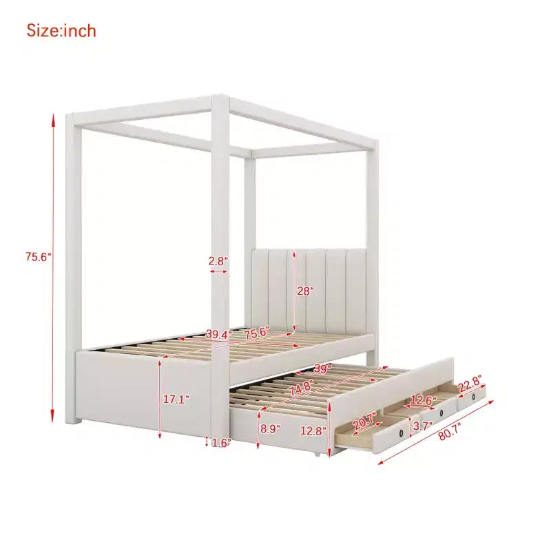 Lit plateforme à baldaquin Whisen de taille standard, capitonné en lin, avec lit gigogne et trois tiroirs de rangement
