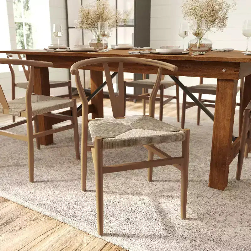 Merrick Lane Lot de 2 chaises de salle à manger empilables avec dossier en Y, cadres en bois massif, assises en corde en papier kraft tressé