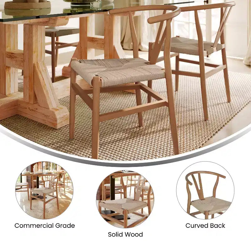 Merrick Lane Lot de 2 chaises de salle à manger empilables avec dossier en Y, cadres en bois massif, assises en corde en papier kraft tressé
