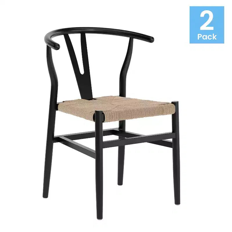 Merrick Lane Lot de 2 chaises de salle à manger empilables avec dossier en Y, cadres en bois massif, assises en corde en papier kraft tressé