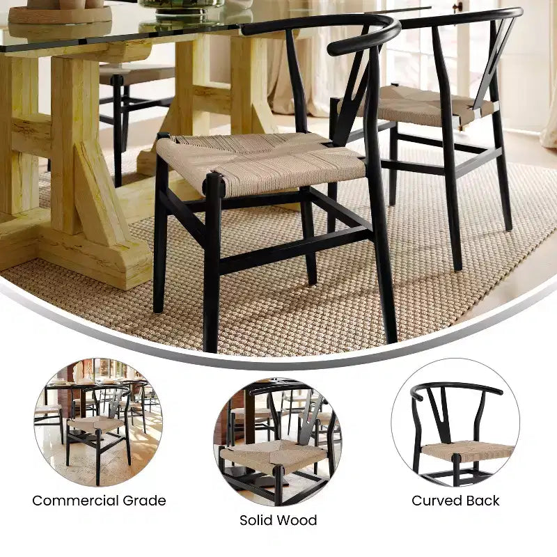 Merrick Lane Lot de 2 chaises de salle à manger empilables avec dossier en Y, cadres en bois massif, assises en corde en papier kraft tressé