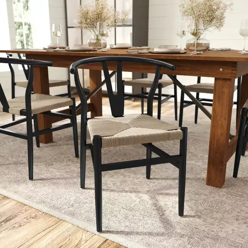 Merrick Lane Lot de 2 chaises de salle à manger empilables avec dossier en Y, cadres en bois massif, assises en corde en papier kraft tressé
