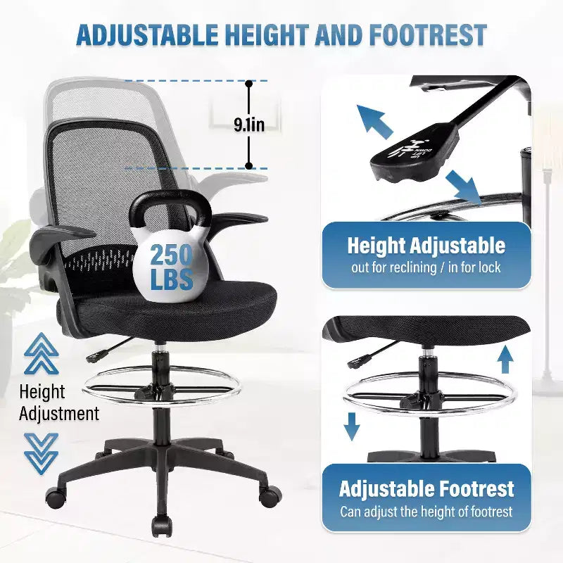 Chaise de bureau haute BestMassage avec dossier en maille respirante et soutien lombaire, noire